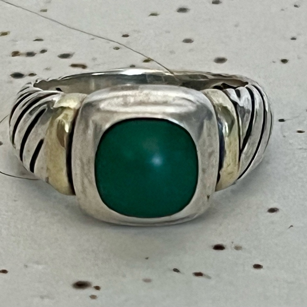 David Yurman Silver, gold and onyx Green Stone Ring